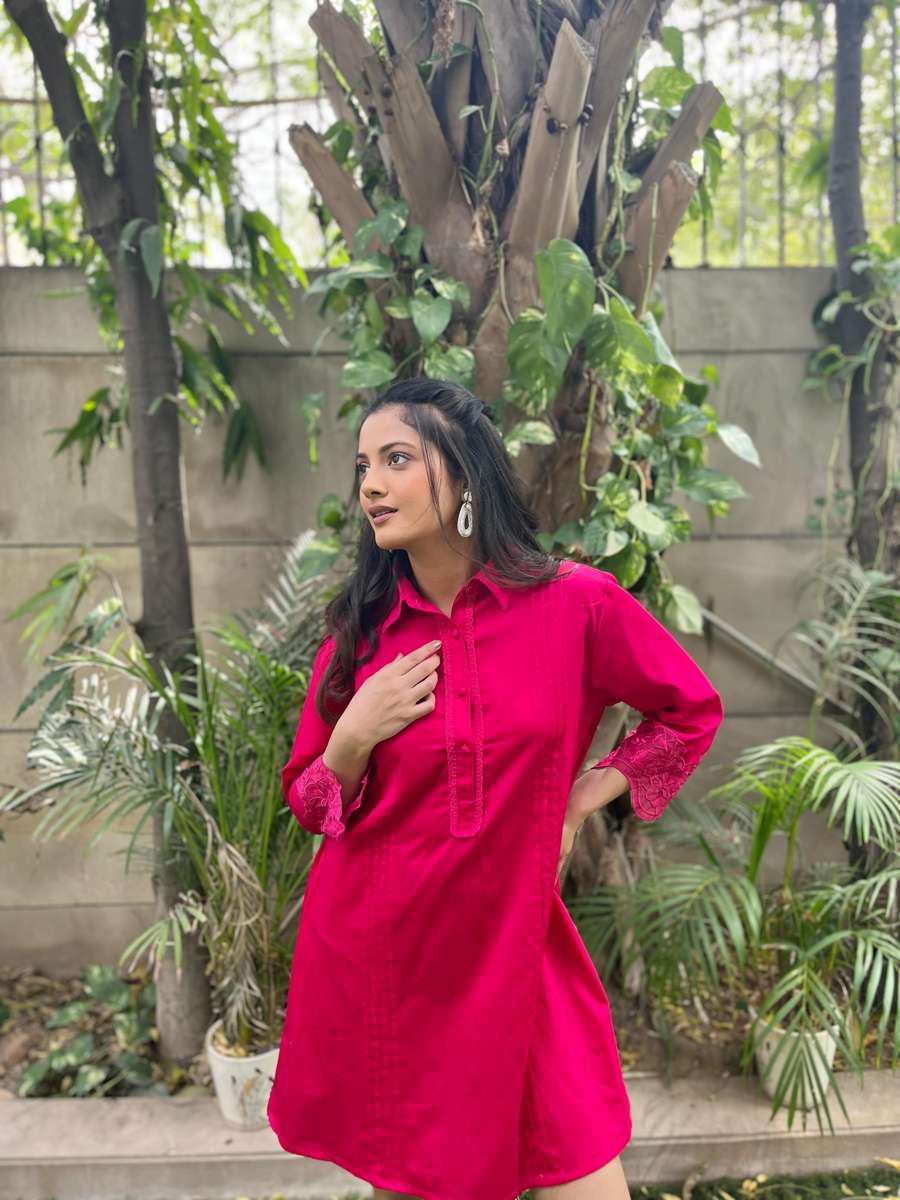Fuchsia Petal Embroidered Cotton Satin Dress  Nero India