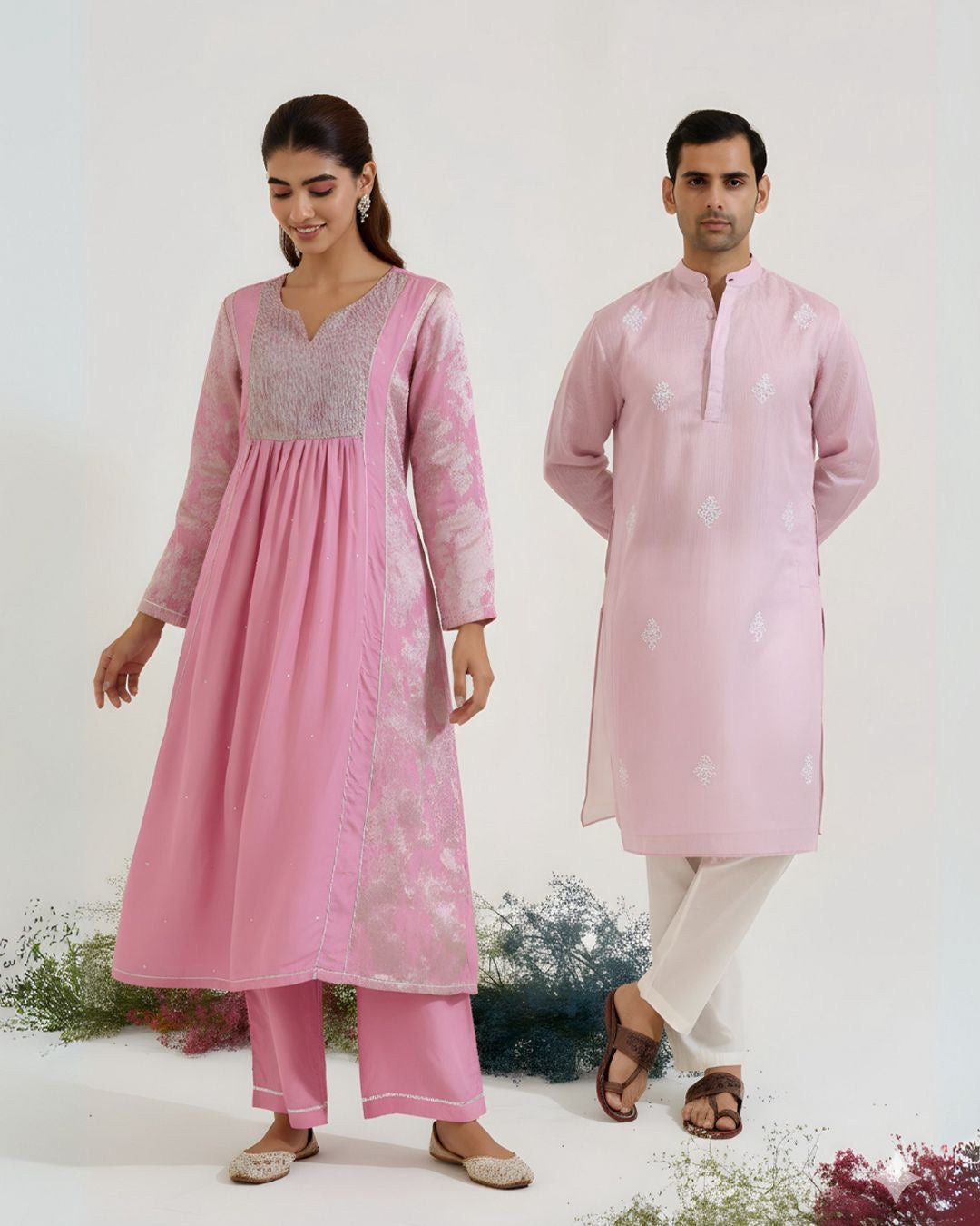 Lilac Dori Jacquard Kurta with Wide Leg Pants and Dupatta paired with Lilac Embroidered Chanderi Stripe Kurta Set