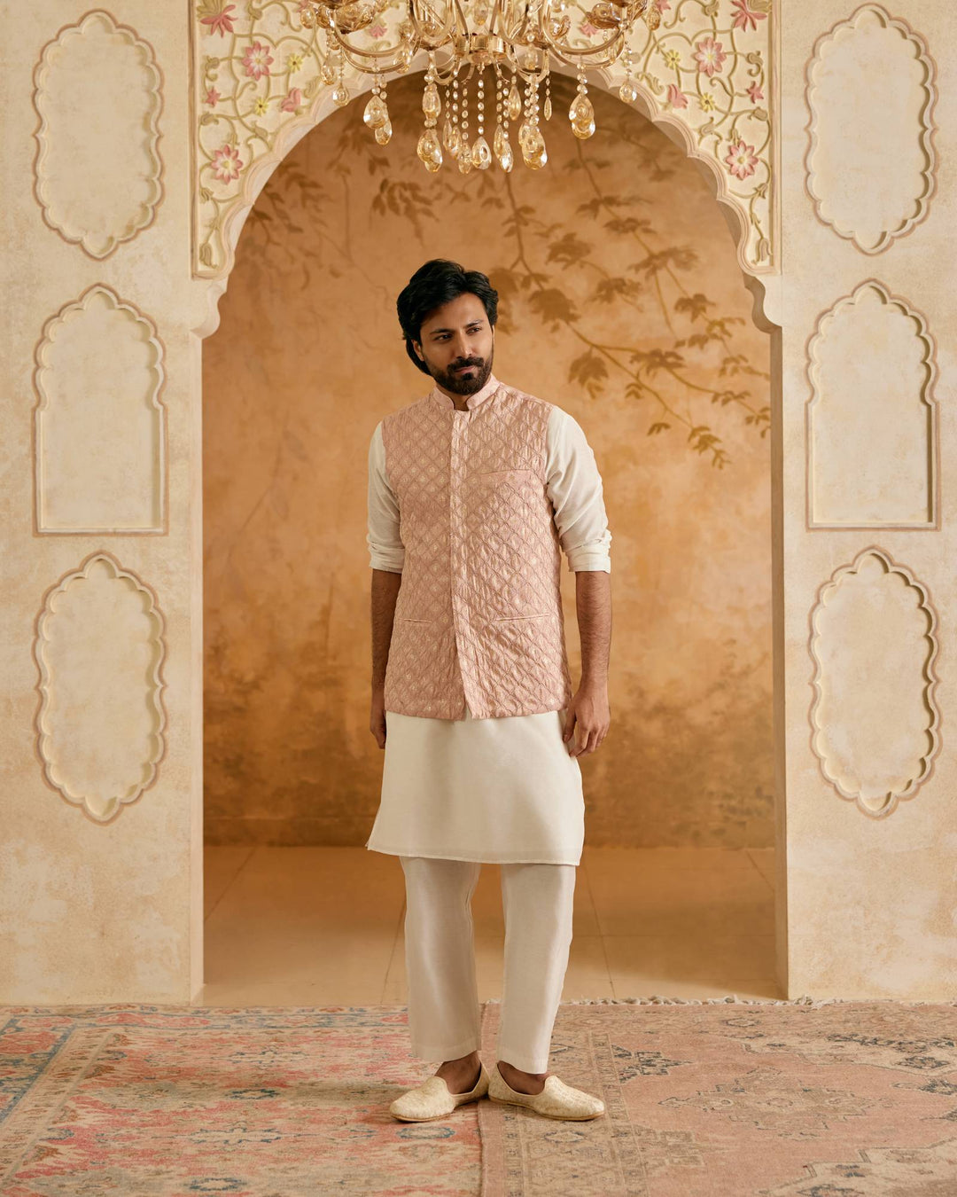 Peach Brocade Nehru Jacket with Kurta Set - Set of 3