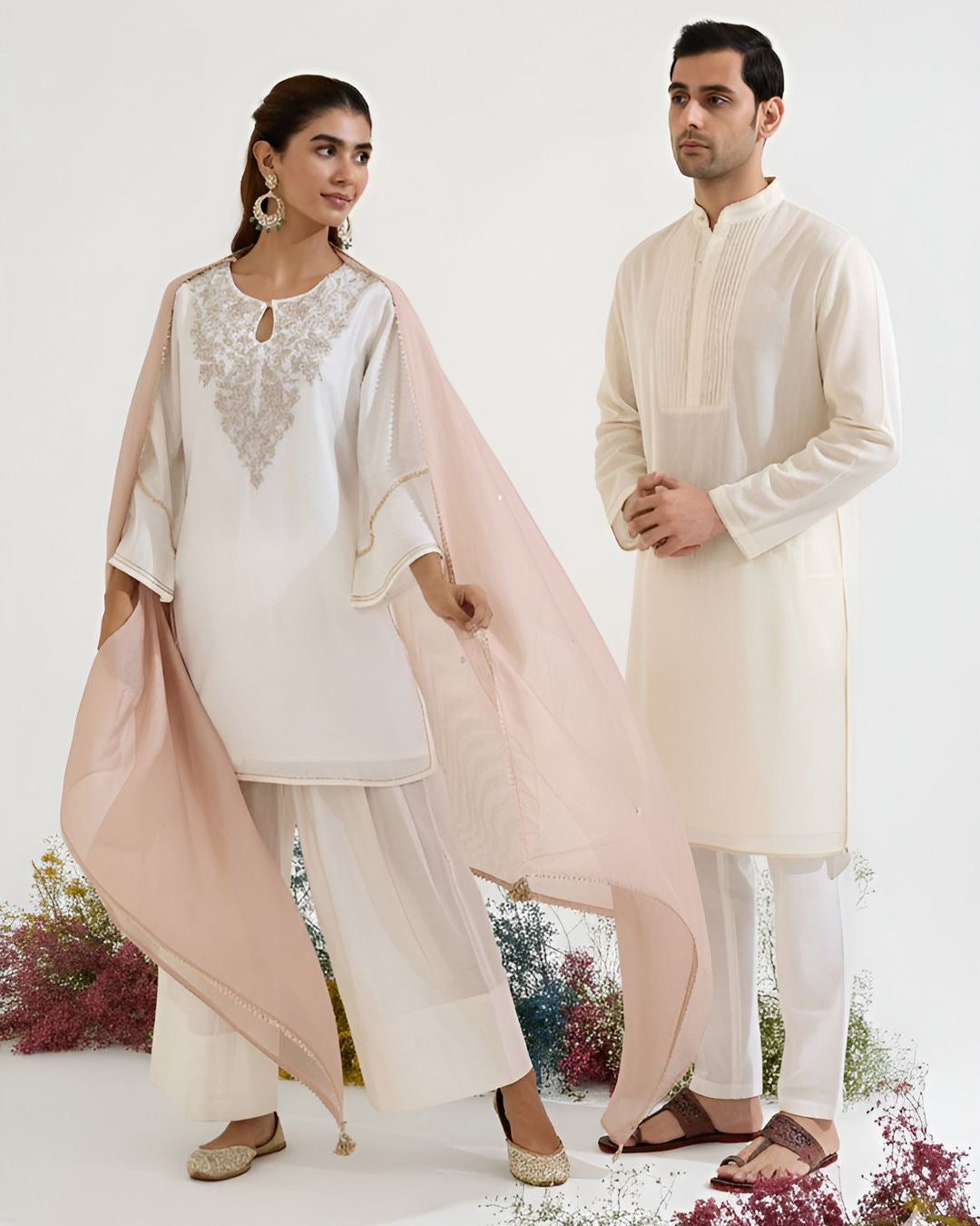 Rosy White Zari Kurta with Farsi Salwar and Dupatta paired with White Pintuck Chanderi Stripe Kurta set
