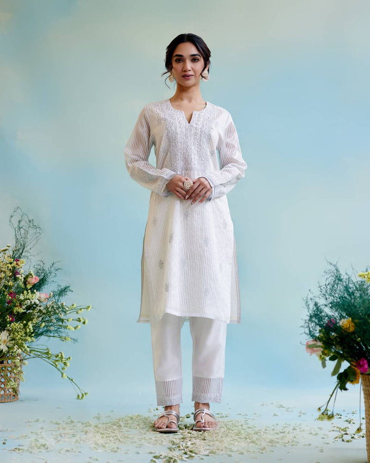 Silver Zari Tissue Kurta with Narrow Pants