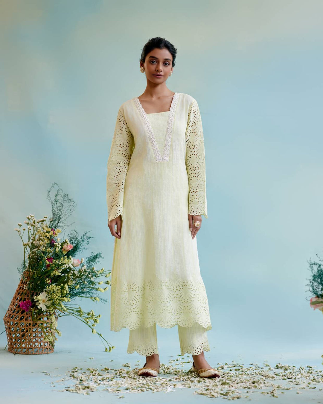 Yellow Petal Kurta with  Narrow Pants