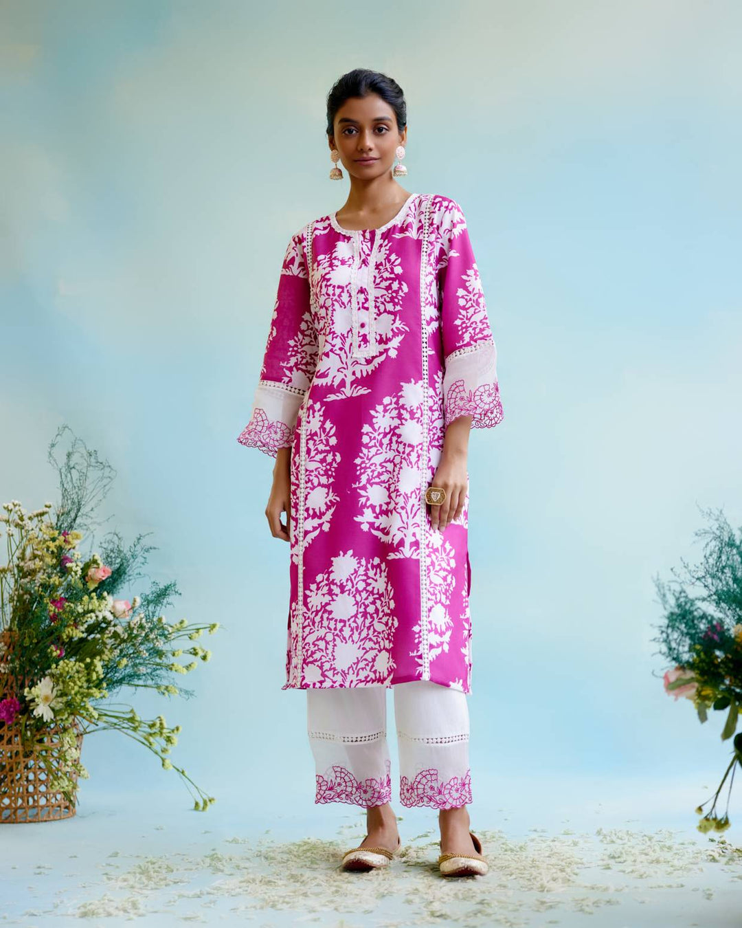 Cranberry Floral Kurta with Narrow Pants