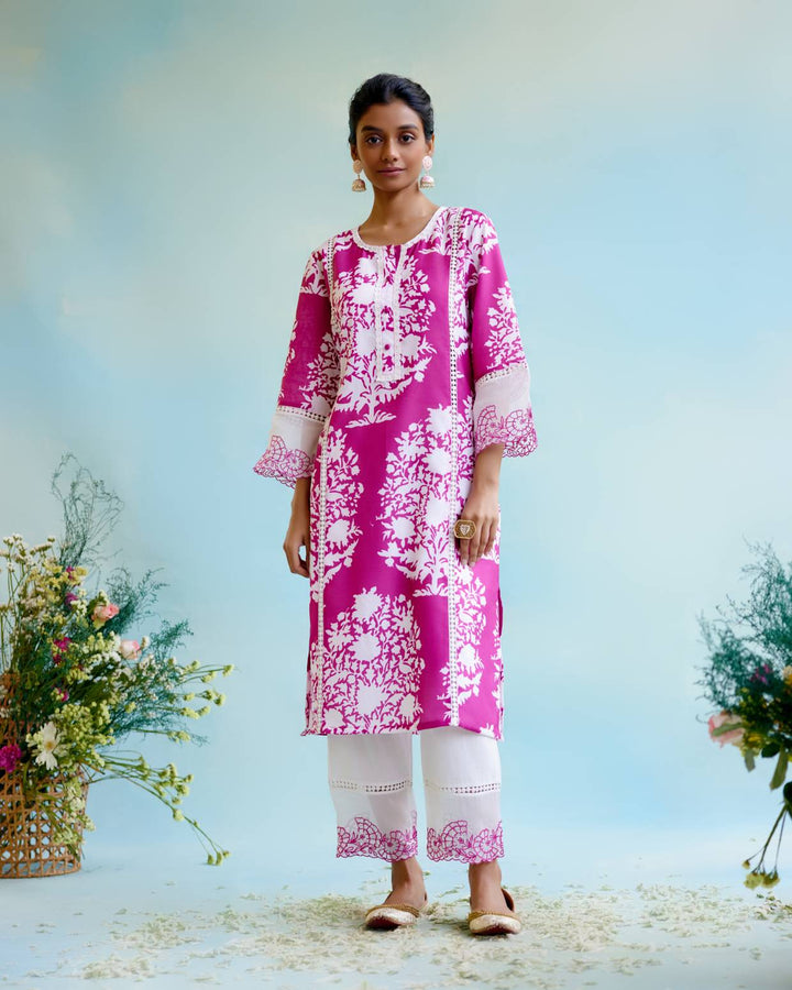 Cranberry Floral Kurta with Narrow Pants