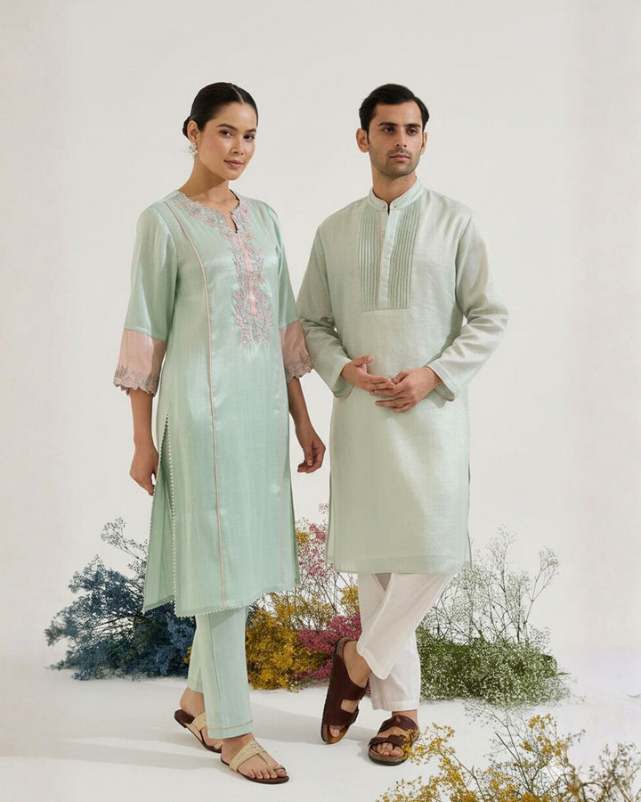 Mint Lotus Applique Tissue Kurta with Narrow Pants paired with Mint Pintuck Chanderi Stripe Kurta set