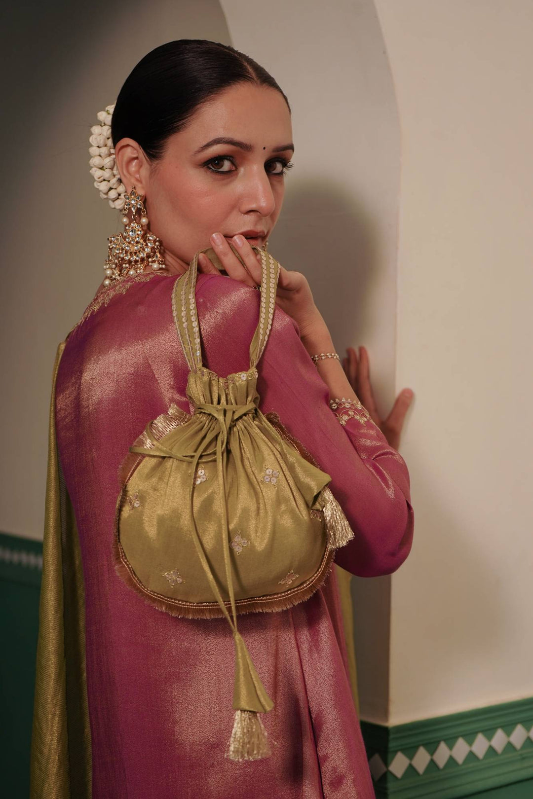 Green Tissue Potli Bag