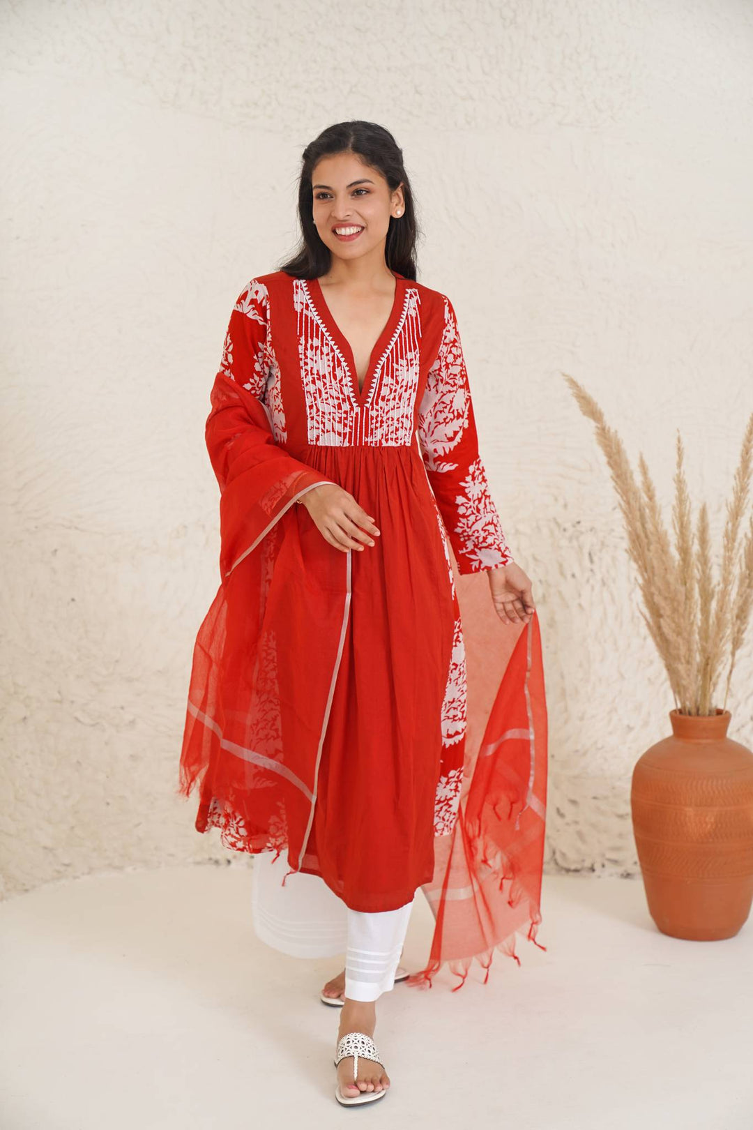 Hibiscus Charm Kurta with Wide Leg Pants