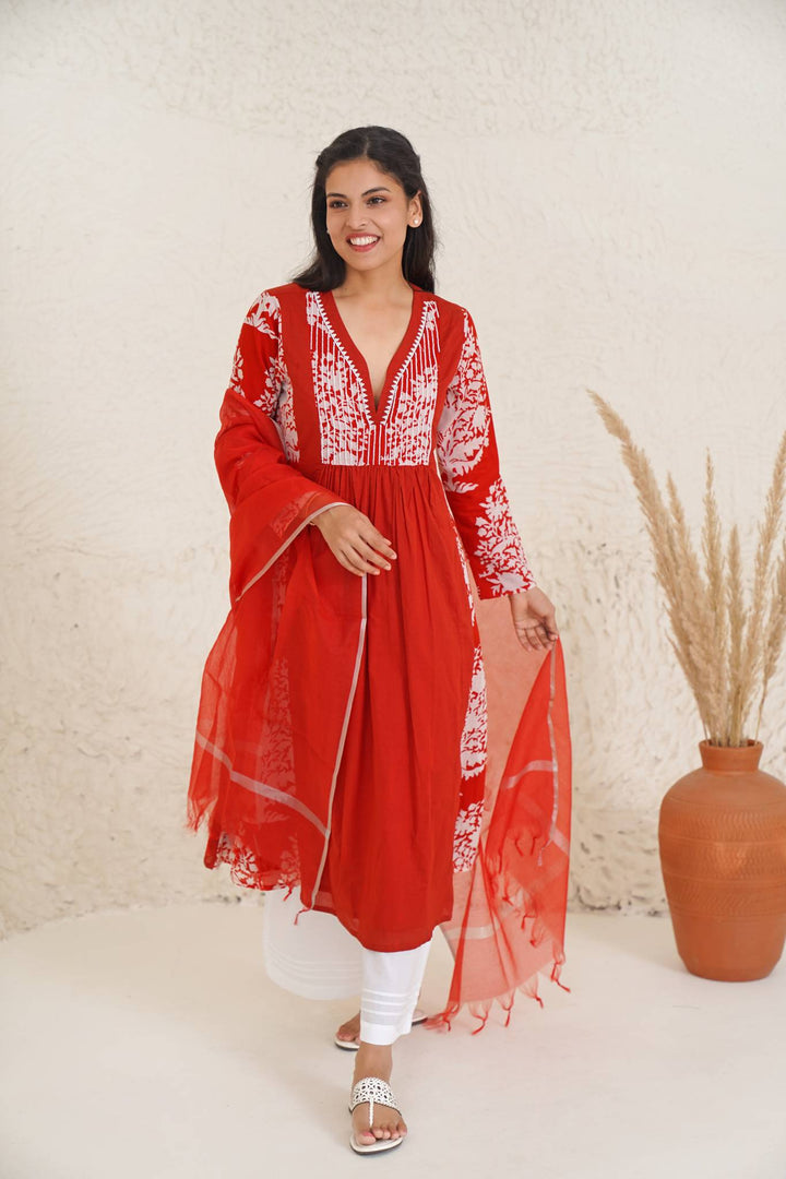 Hibiscus Charm Kurta with Wide Leg Pants