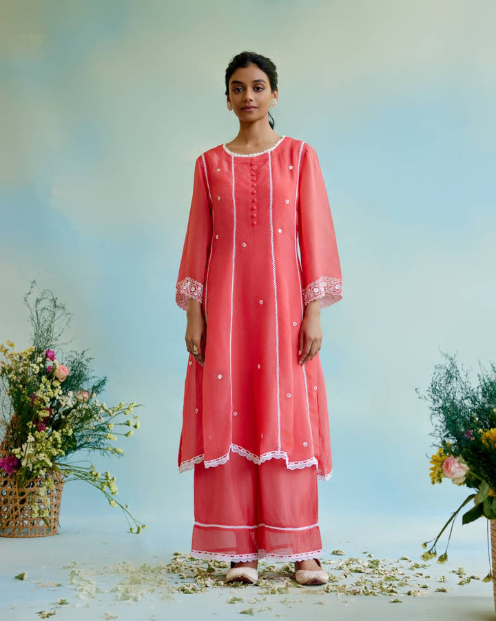 Coral Rose Anarkali with Wide Leg Pants