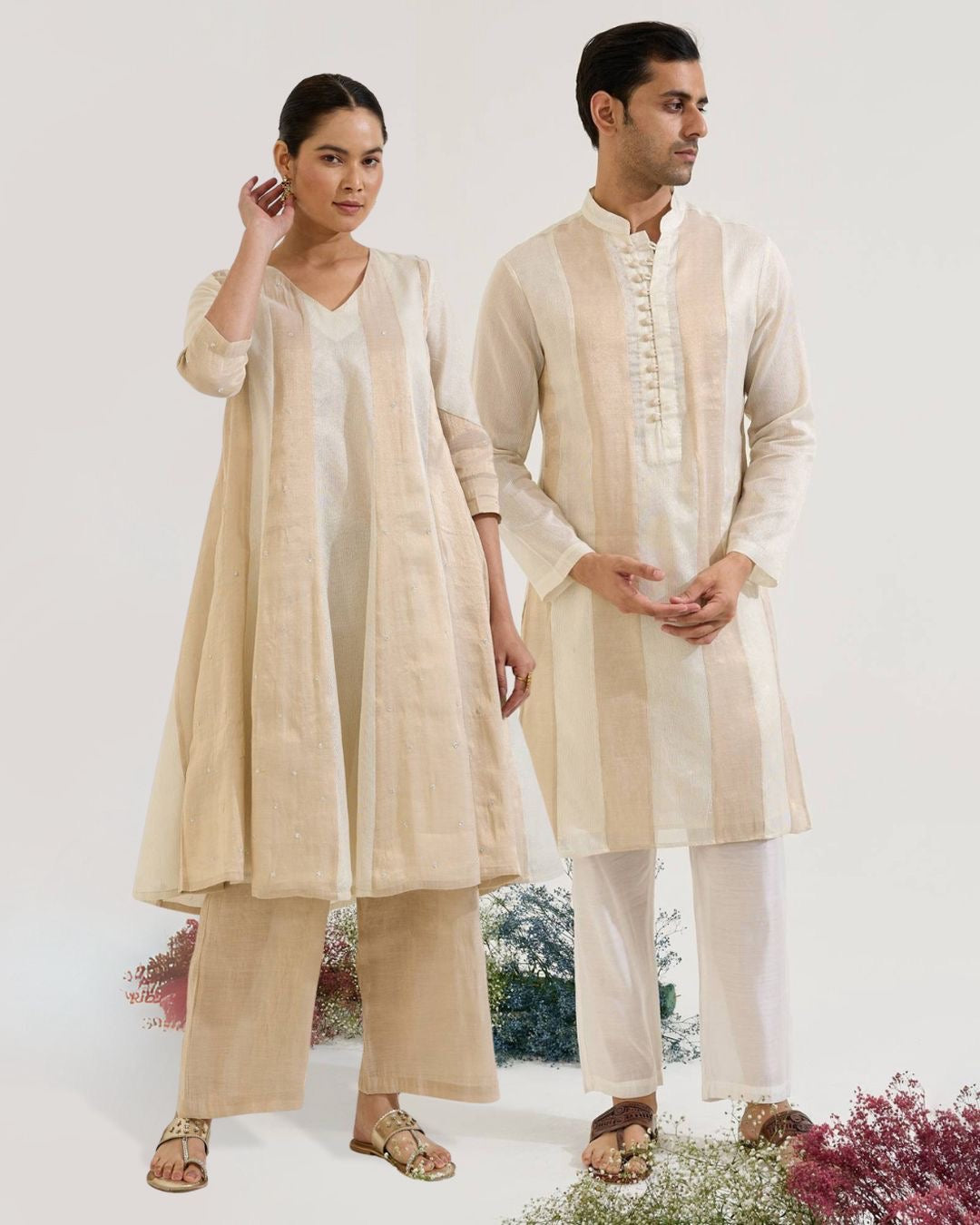 Gold Rose Panel Anarkali with Wide Leg Pants paired with White Gold Panel Chanderi Stripe Kurta set