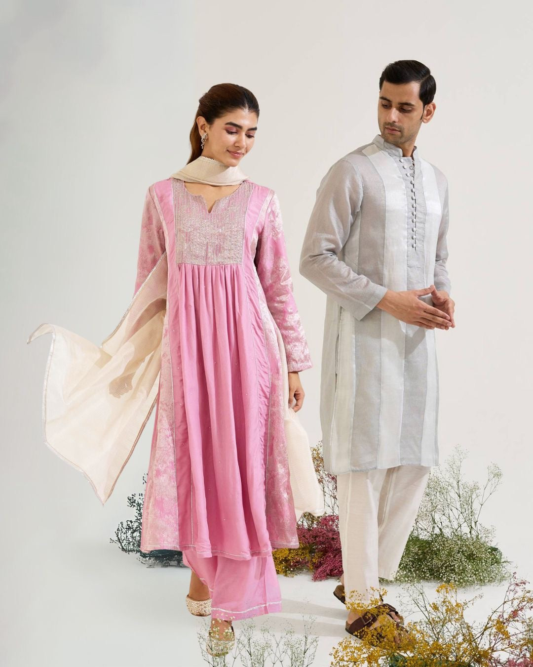 Lilac Dori Jacquard Kurta with Wide Leg Pants and Dupatta paired with Blue Silver Panel Chanderi Stripe Kurta set