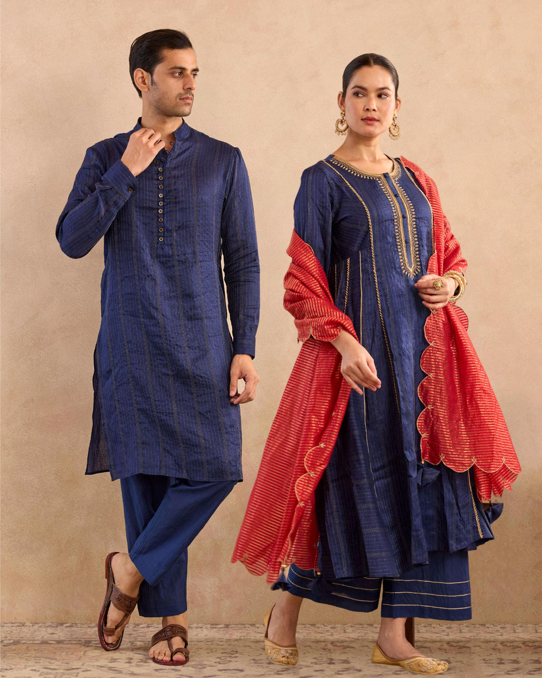 Pairing of Navy Lotus Embroidered Anarakali with Flared Pants with Navy Bloom Silk Chanderi Kurta set Look