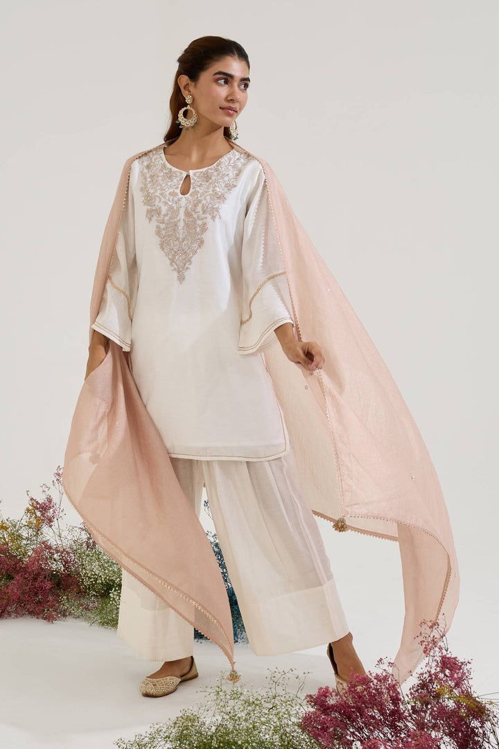 Rosy White Zari Kurta with Farsi Salwar and Dupatta paired with White Pintuck Chanderi Stripe Kurta set