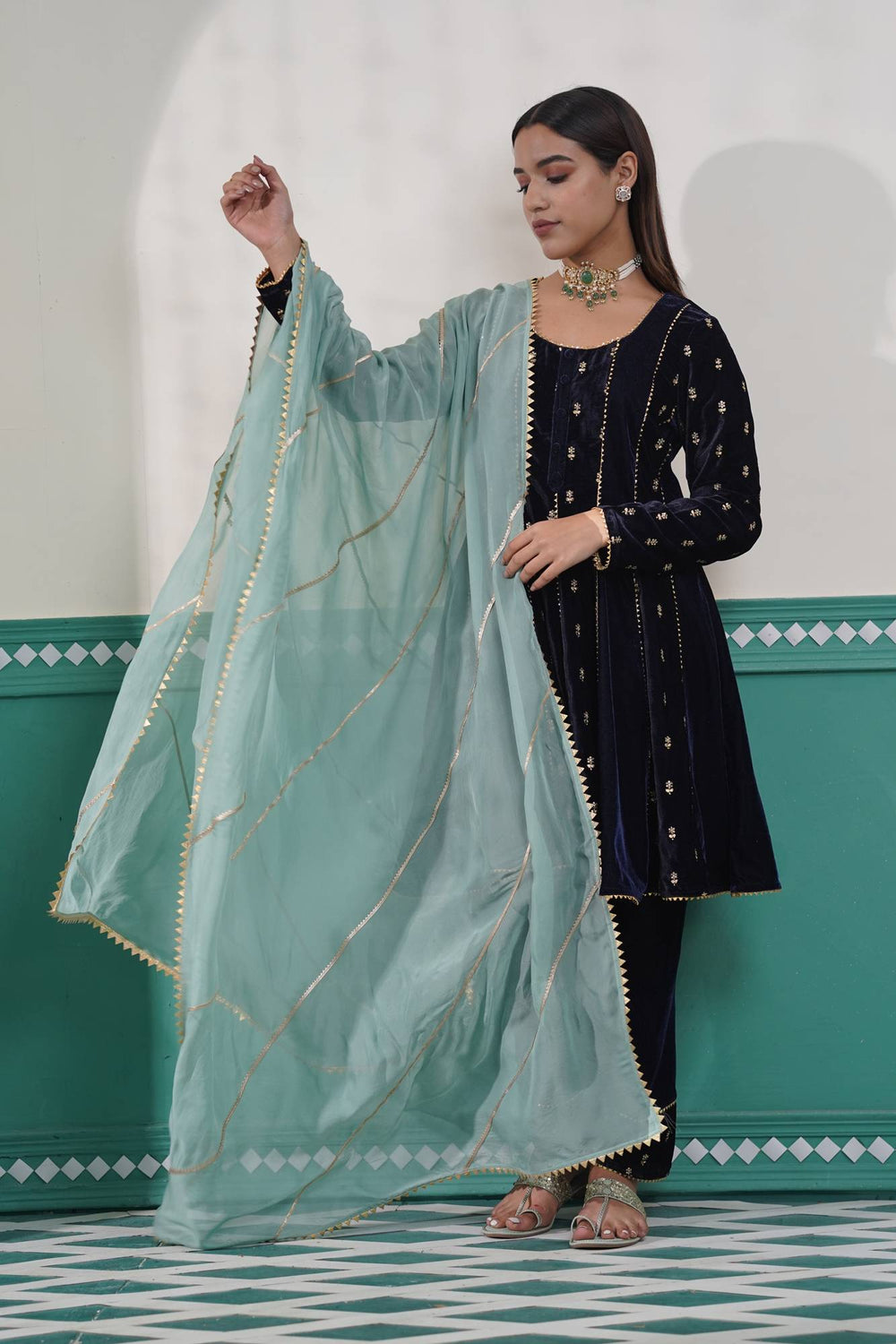 Velvet Flora Anarkali Set