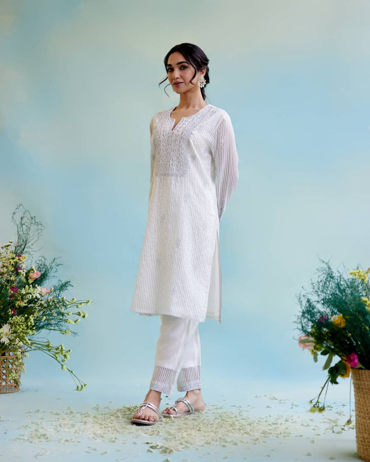 Silver Zari Tissue Kurta with Narrow Pants