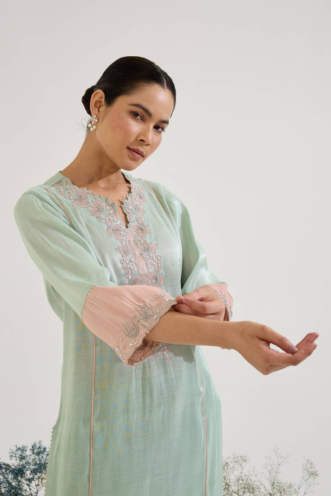 Mint Lotus Applique Tissue Kurta with Narrow Pants paired with Mint Pintuck Chanderi Stripe Kurta set