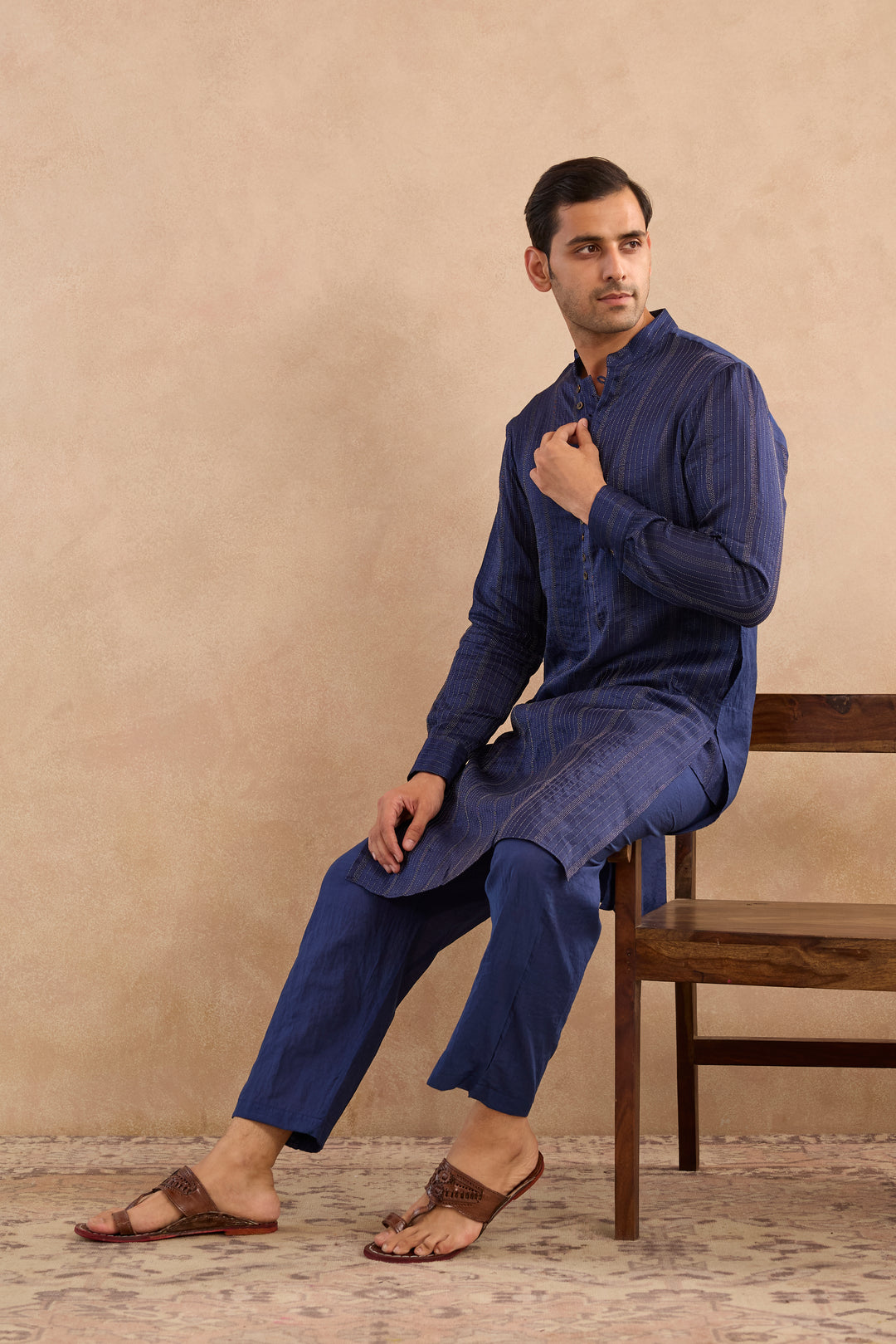 Navy Bloom Silk Chanderi Kurta