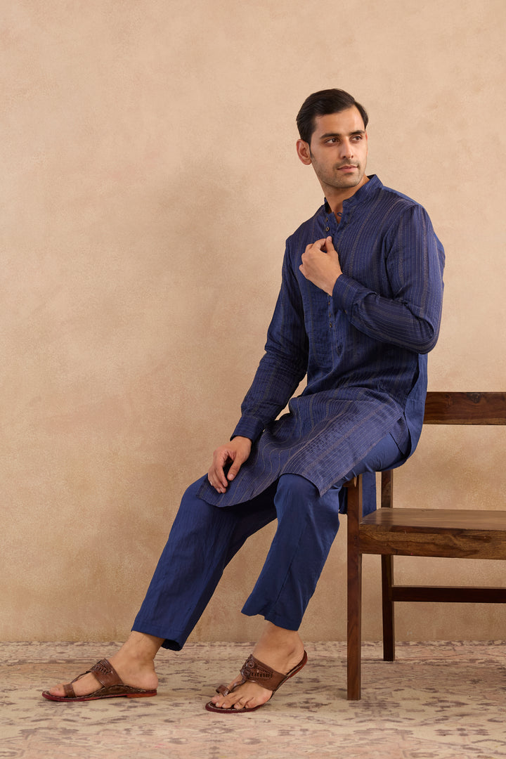 Navy Bloom Silk Chanderi Kurta
