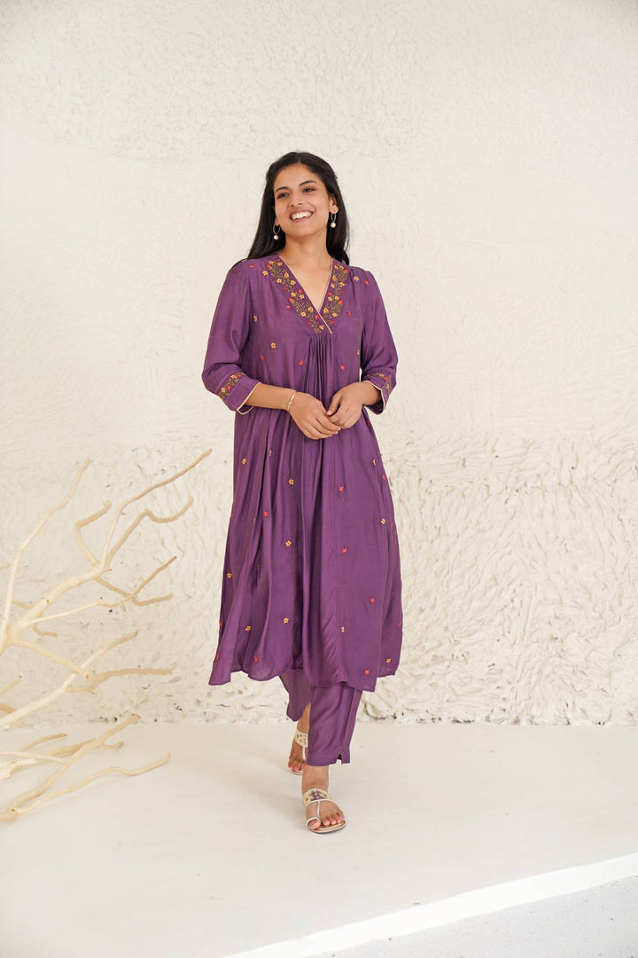 Wine Daisy Kurta with Narrow Pants