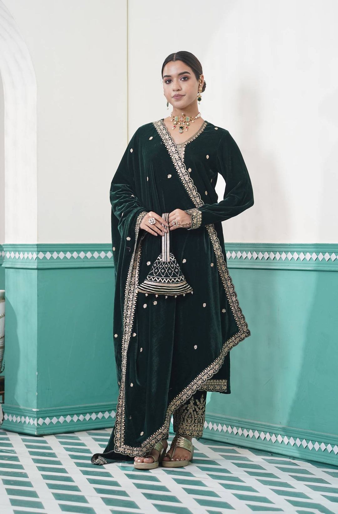 Emerald Velvet Potli Bag