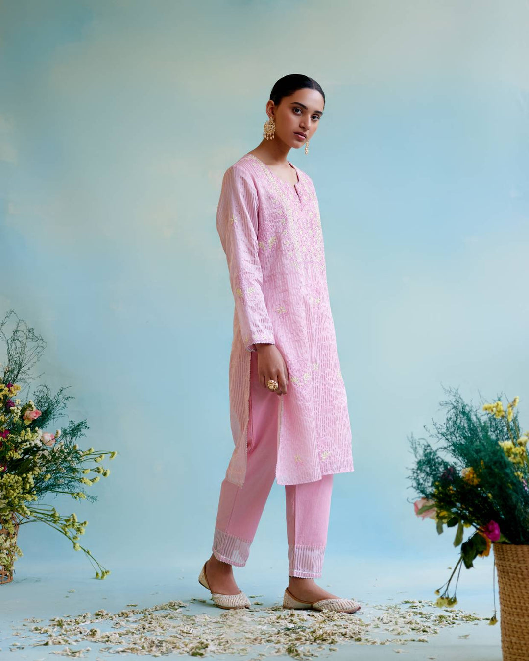 Pink Rose Tissue Kurta with Narrow Pants