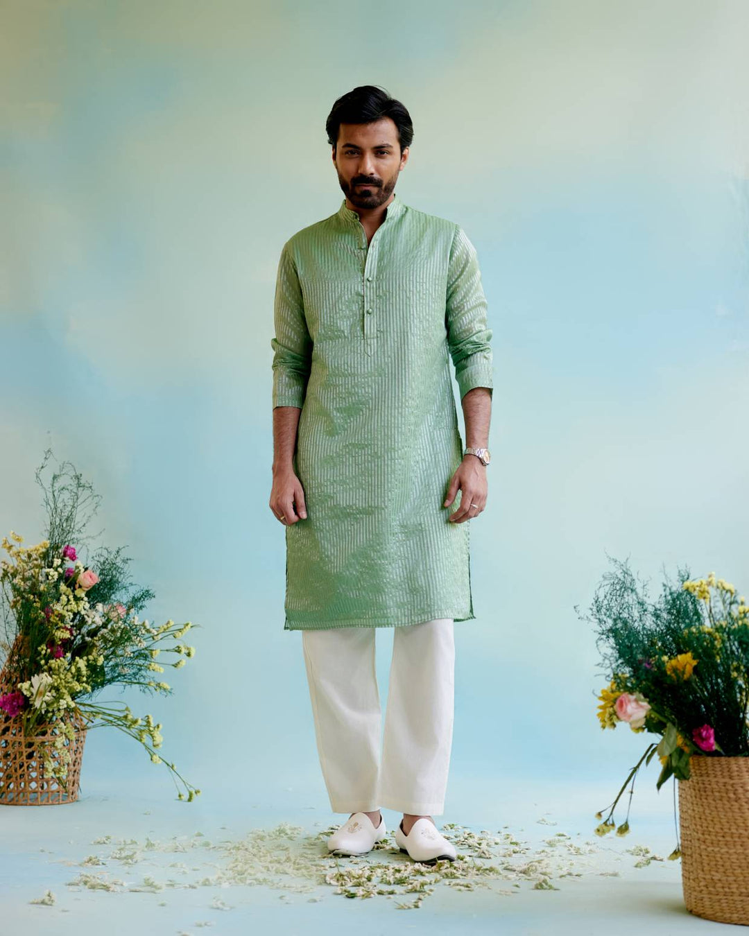 Mint Meadow Tissue Kurta with Narrow Pants