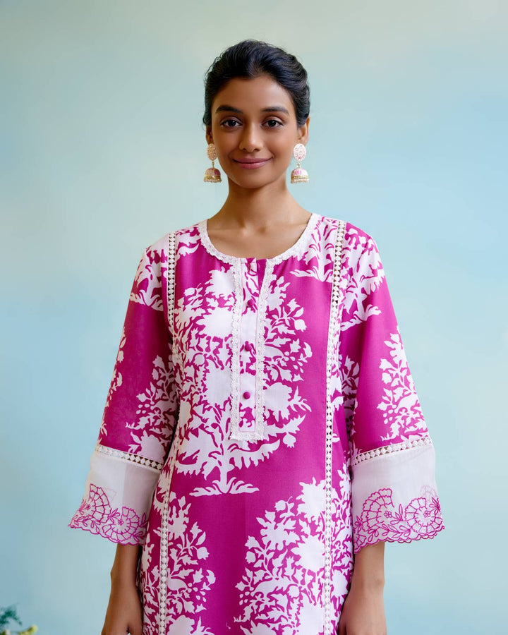 Cranberry Floral Kurta with Narrow Pants