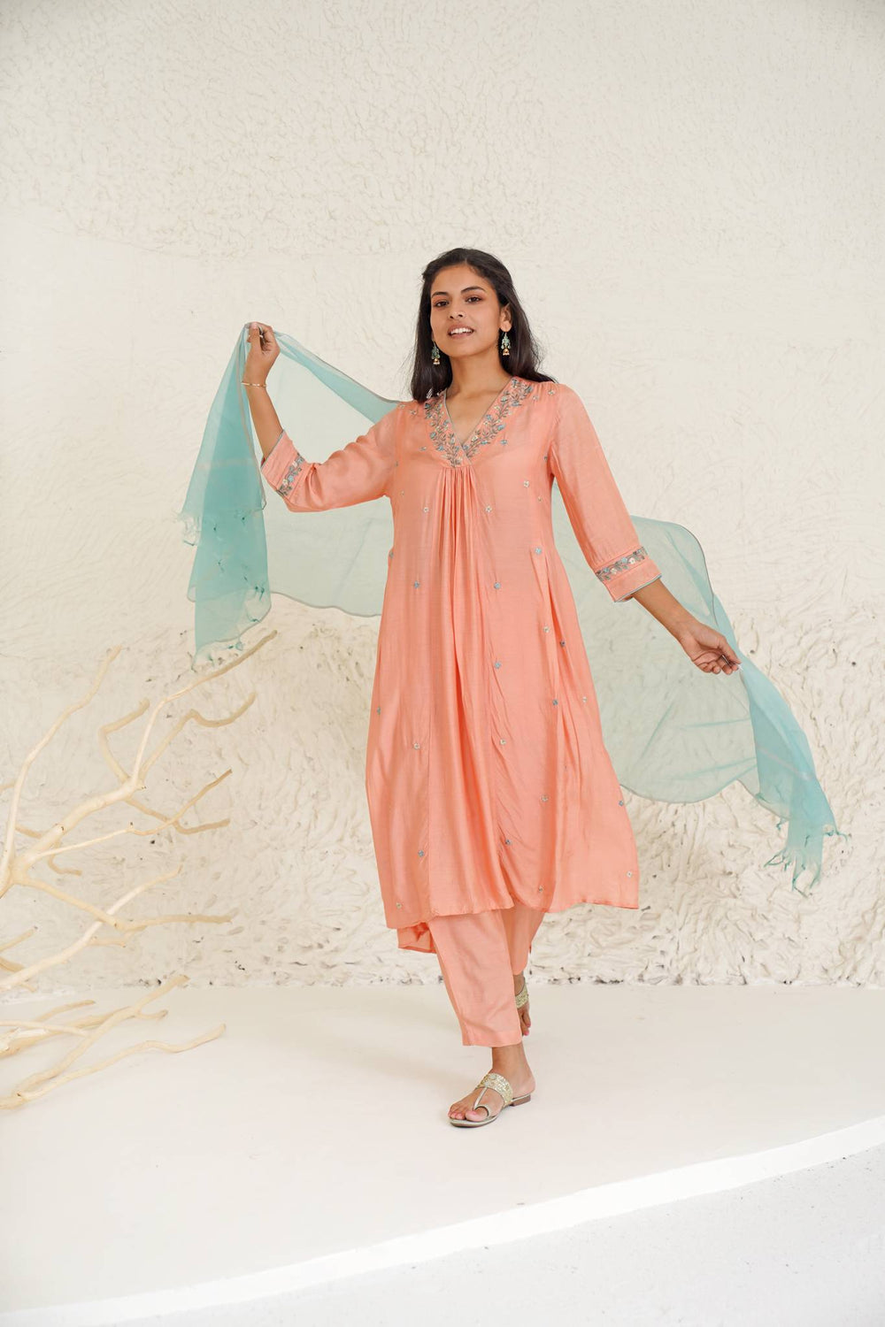 Coral Daisy Kurta with Narrow Pants