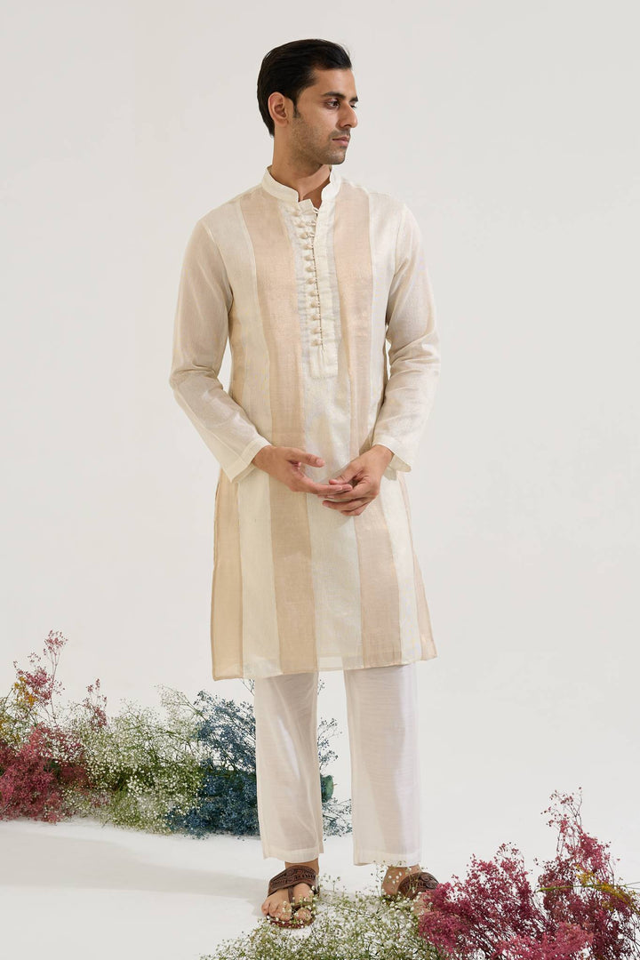 Gold Rose Panel Anarkali with Wide Leg Pants paired with White Gold Panel Chanderi Stripe Kurta set