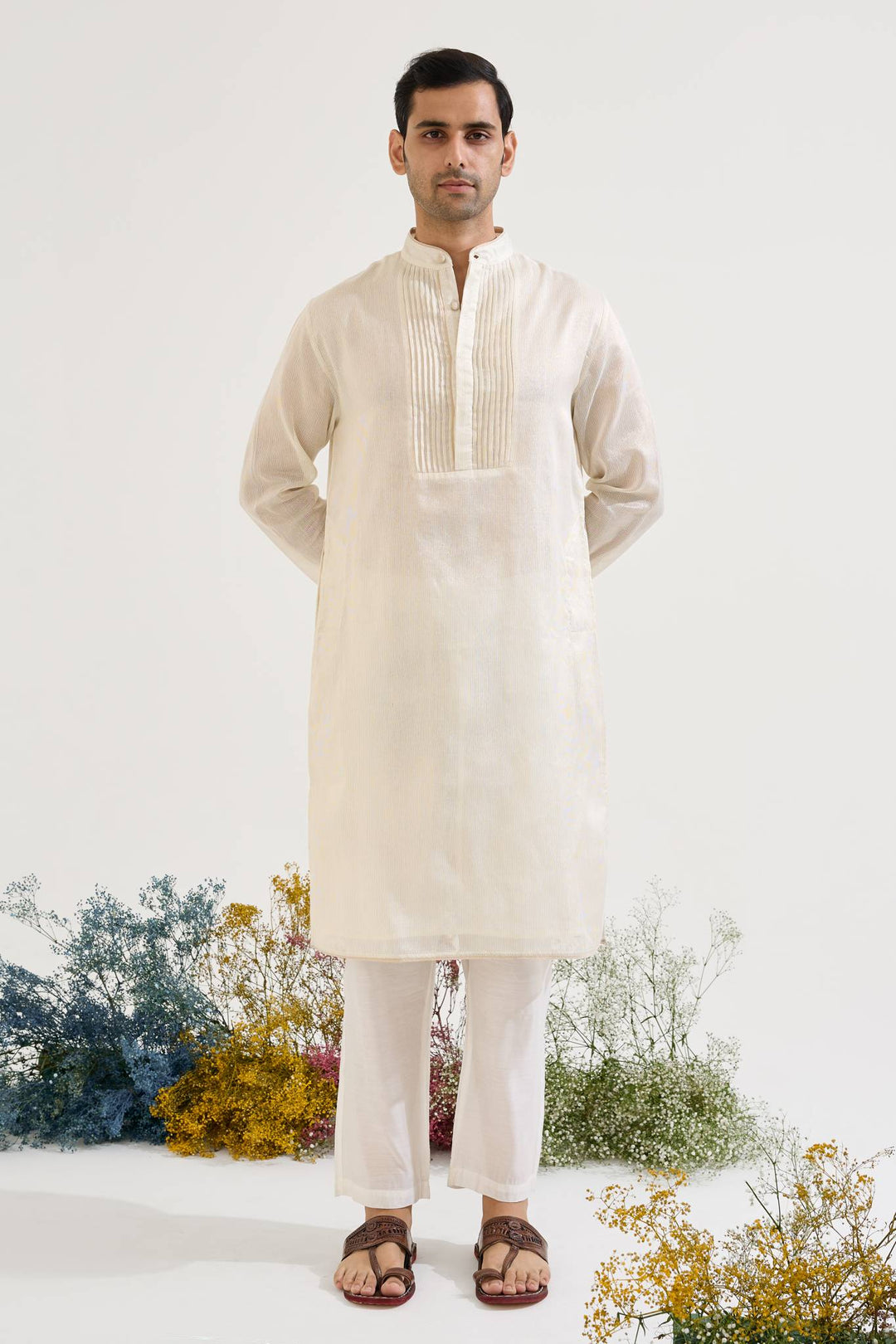 Rosy White Zari Kurta with Farsi Salwar and Dupatta paired with White Pintuck Chanderi Stripe Kurta set