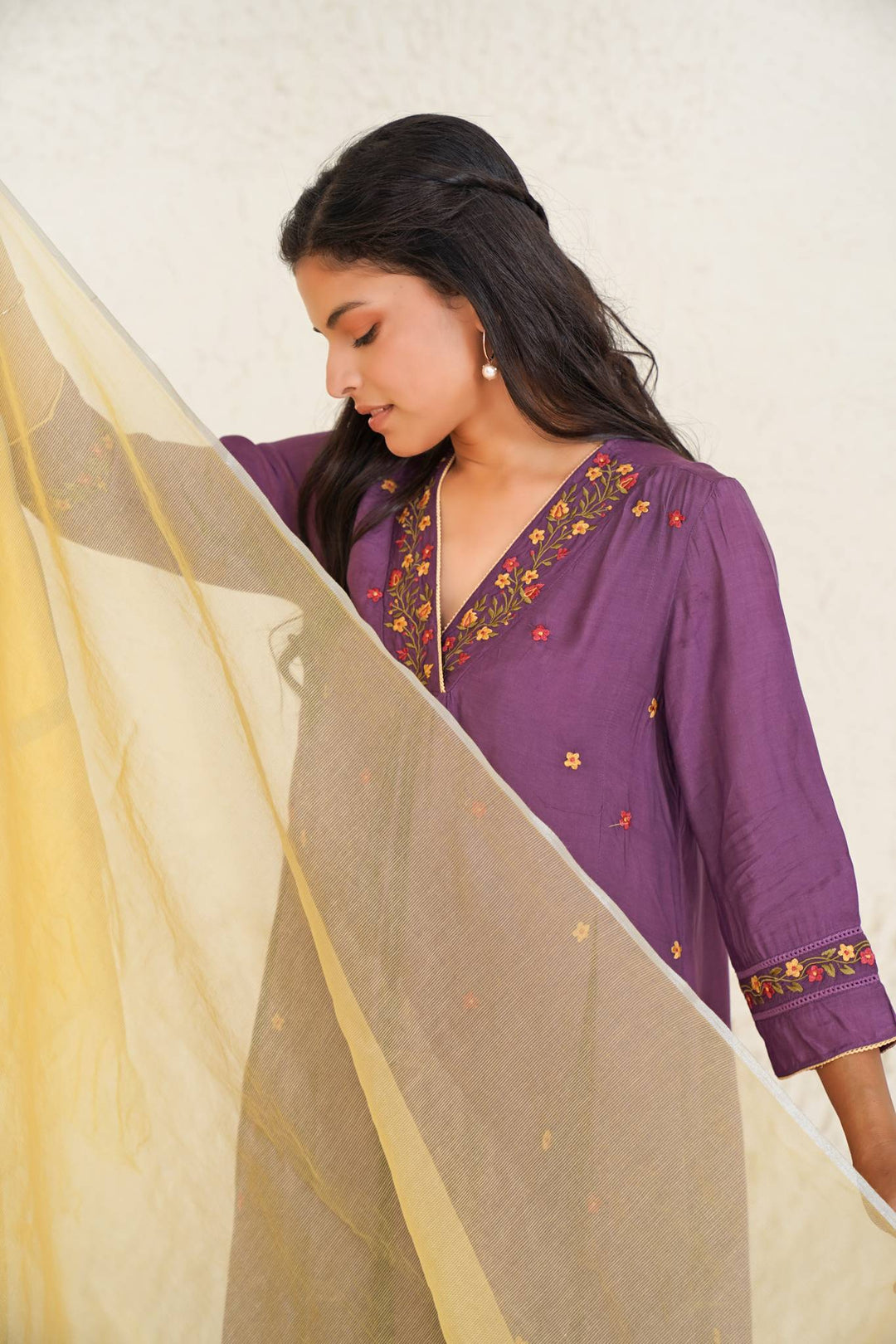 Wine Daisy Kurta with Narrow Pants