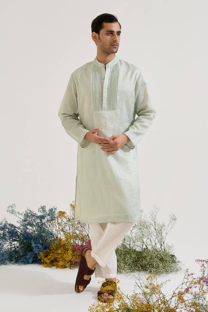 Mint Lotus Applique Tissue Kurta with Narrow Pants paired with Mint Pintuck Chanderi Stripe Kurta set
