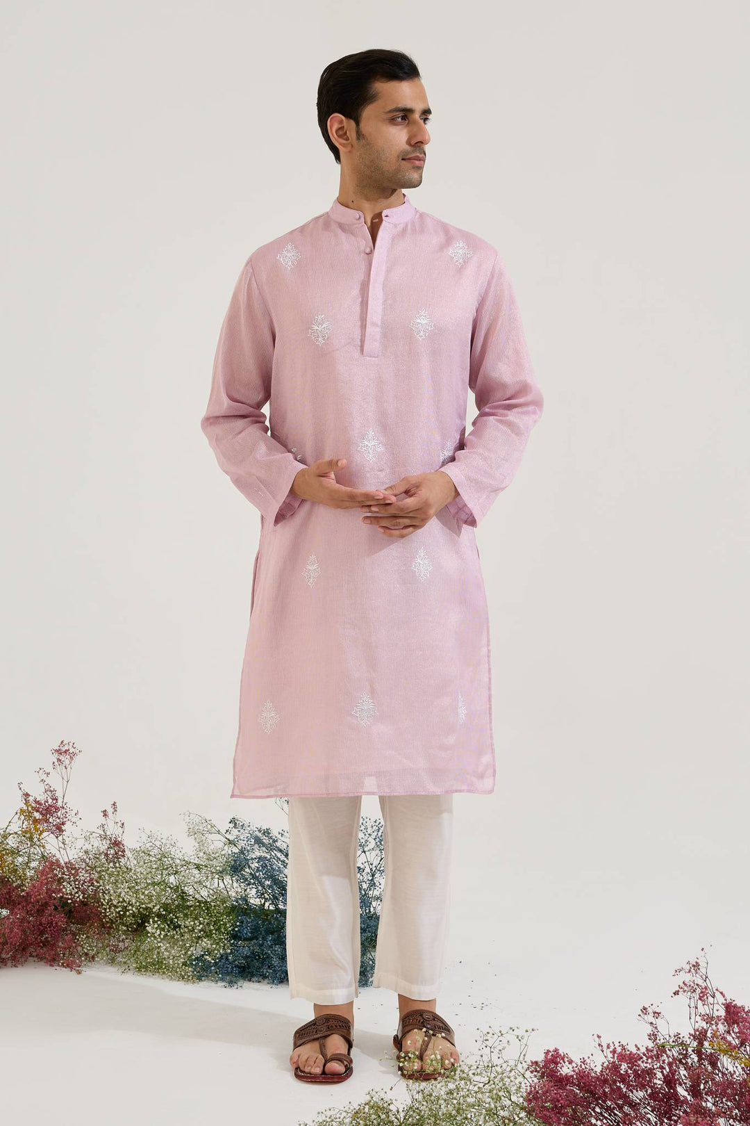 Lilac Dori Jacquard Kurta with Wide Leg Pants and Dupatta paired with Lilac Embroidered Chanderi Stripe Kurta Set
