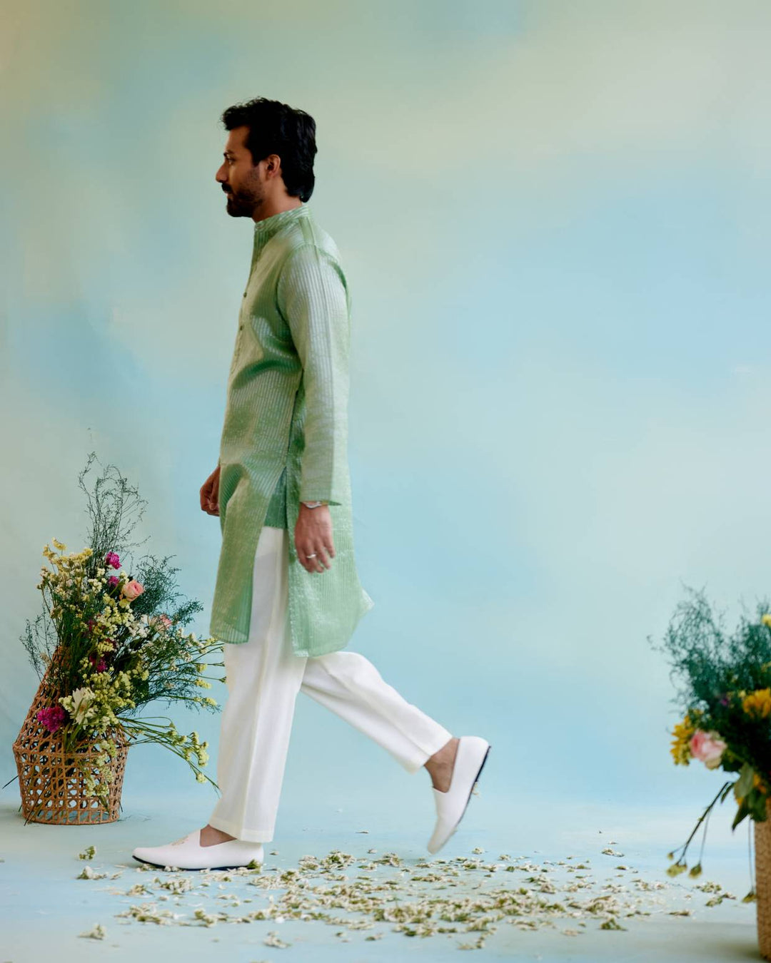 Mint Meadow Tissue Kurta with Narrow Pants