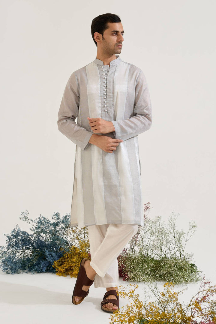 Lilac Dori Jacquard Kurta with Wide Leg Pants and Dupatta paired with Blue Silver Panel Chanderi Stripe Kurta set