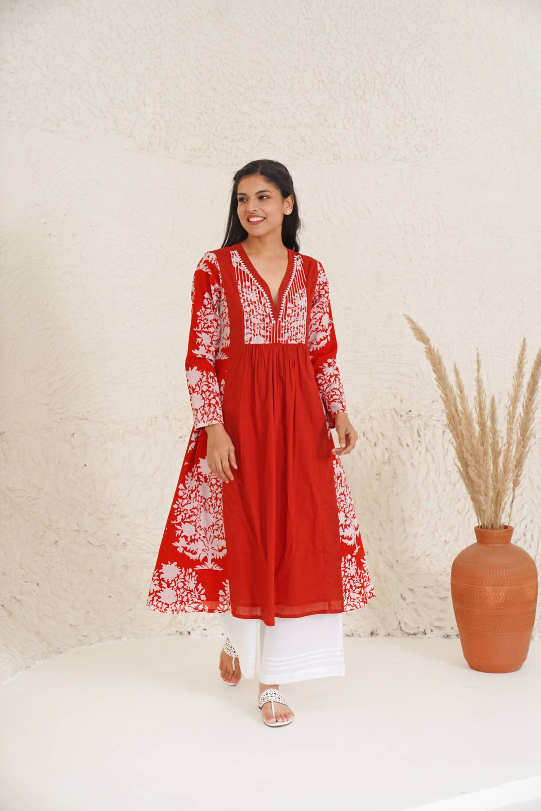 Hibiscus Charm Kurta with Wide Leg Pants