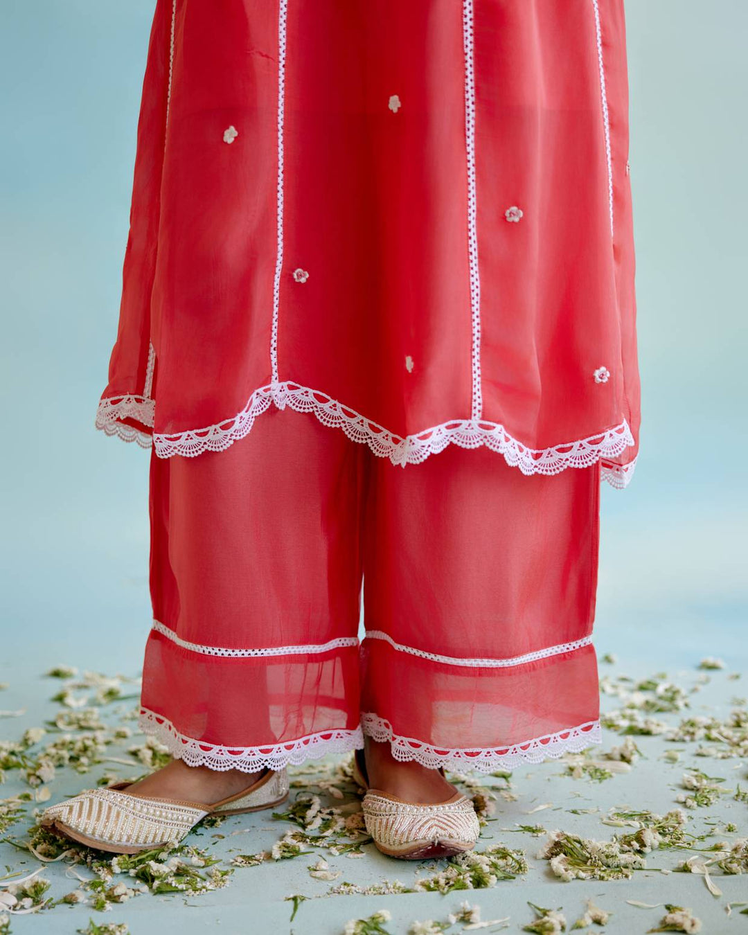 Coral Rose Anarkali with Wide Leg Pants