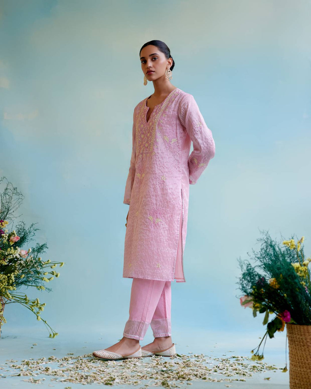 Pink Rose Tissue Kurta with Narrow Pants