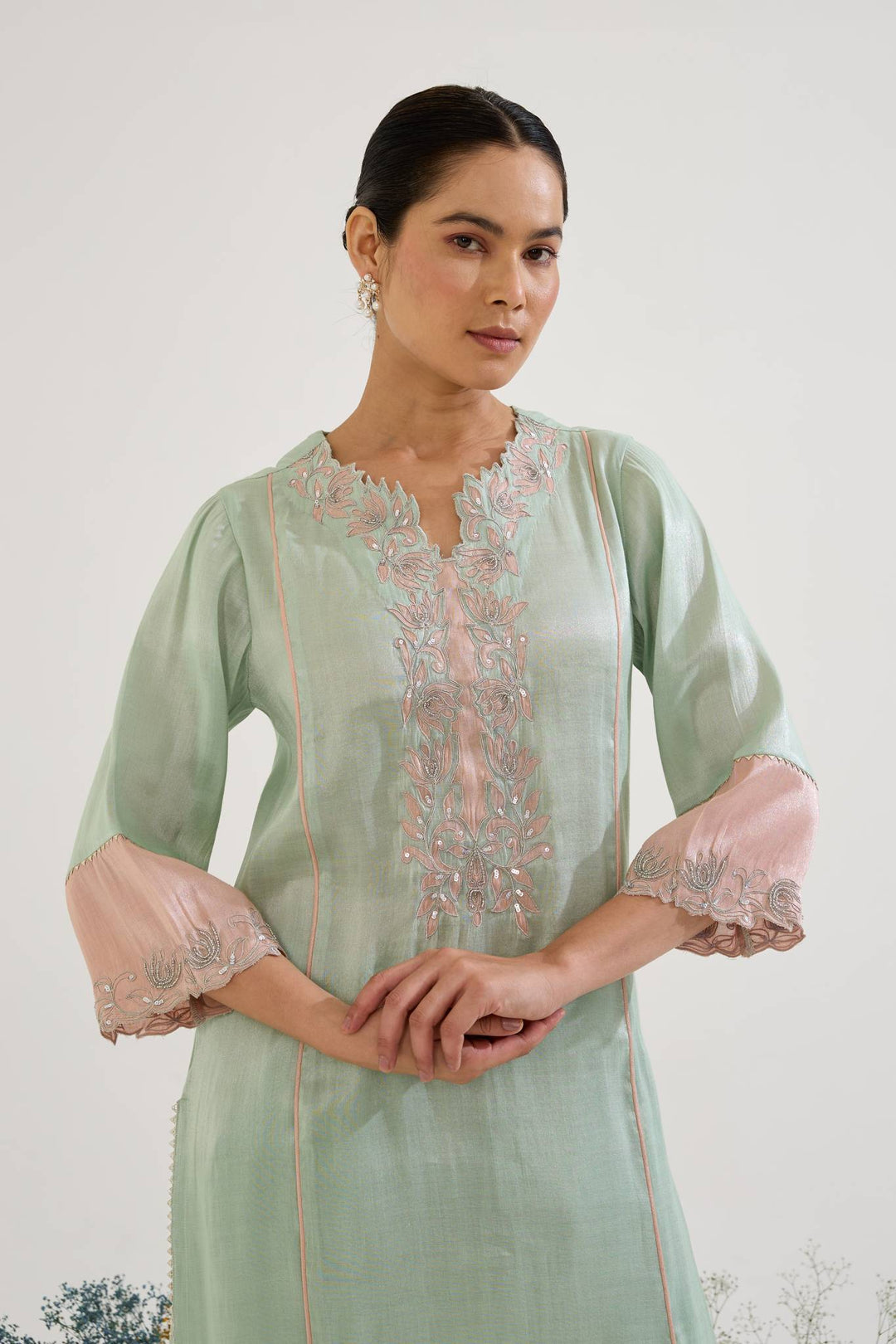 Mint Lotus Applique Tissue Kurta with Narrow Pants paired with Mint Pintuck Chanderi Stripe Kurta set