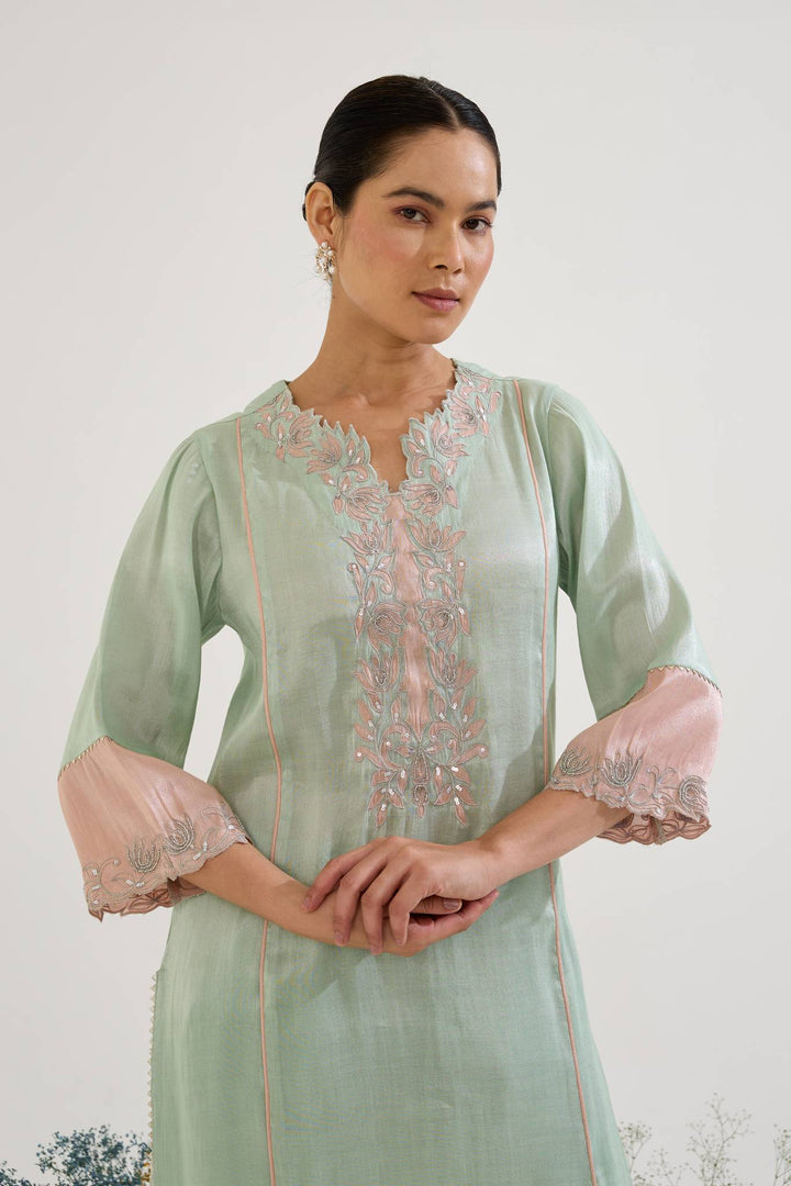 Mint Lotus Applique Tissue Kurta with Narrow Pants paired with Mint Pintuck Chanderi Stripe Kurta set