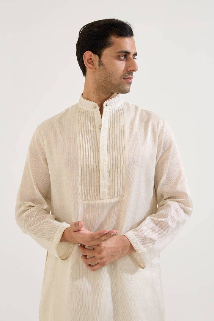 Rosy White Zari Kurta with Farsi Salwar and Dupatta paired with White Pintuck Chanderi Stripe Kurta set