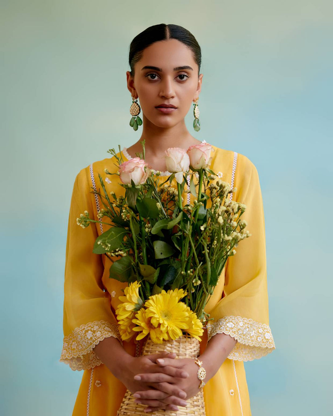 Misty Yellow Anarkali with Wide Leg Pants