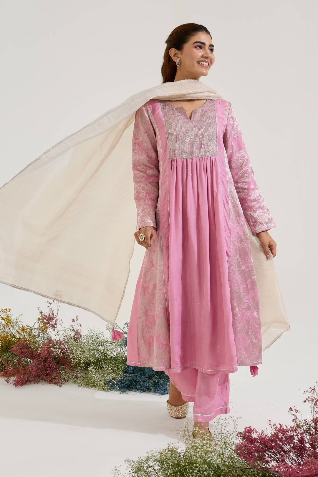 Lilac Dori Jacquard Kurta with Wide Leg Pants and Dupatta paired with Blue Silver Panel Chanderi Stripe Kurta set