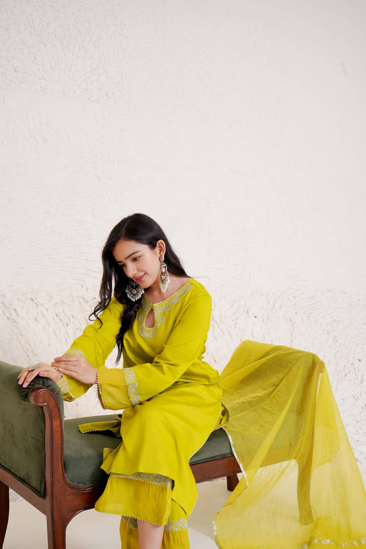 Olive Dori Kurta with Wide Leg Pants