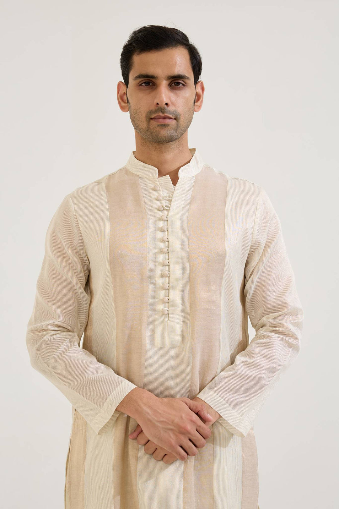 Gold Rose Panel Anarkali with Wide Leg Pants paired with White Gold Panel Chanderi Stripe Kurta set