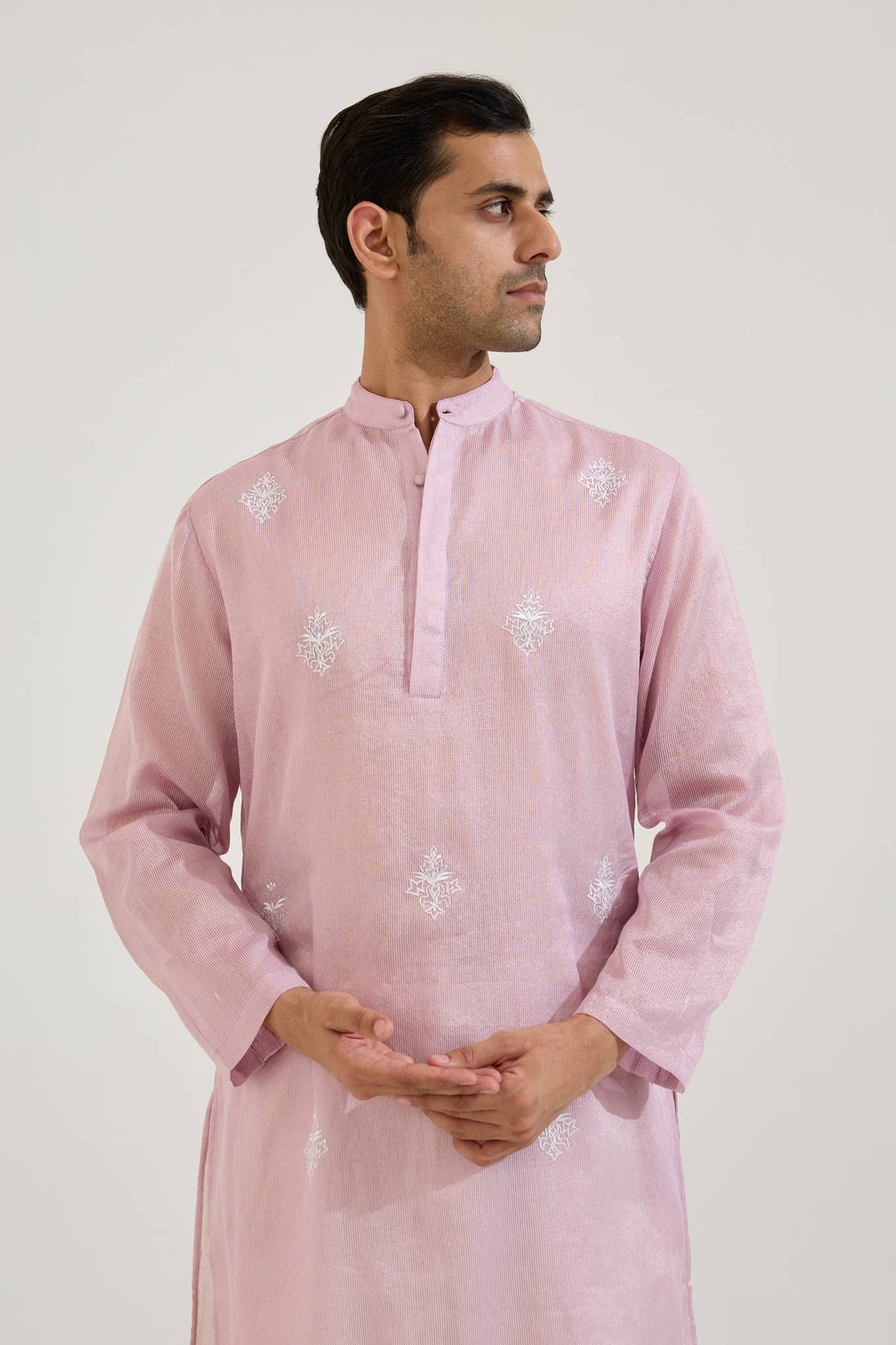 Lilac Dori Jacquard Kurta with Wide Leg Pants and Dupatta paired with Lilac Embroidered Chanderi Stripe Kurta Set