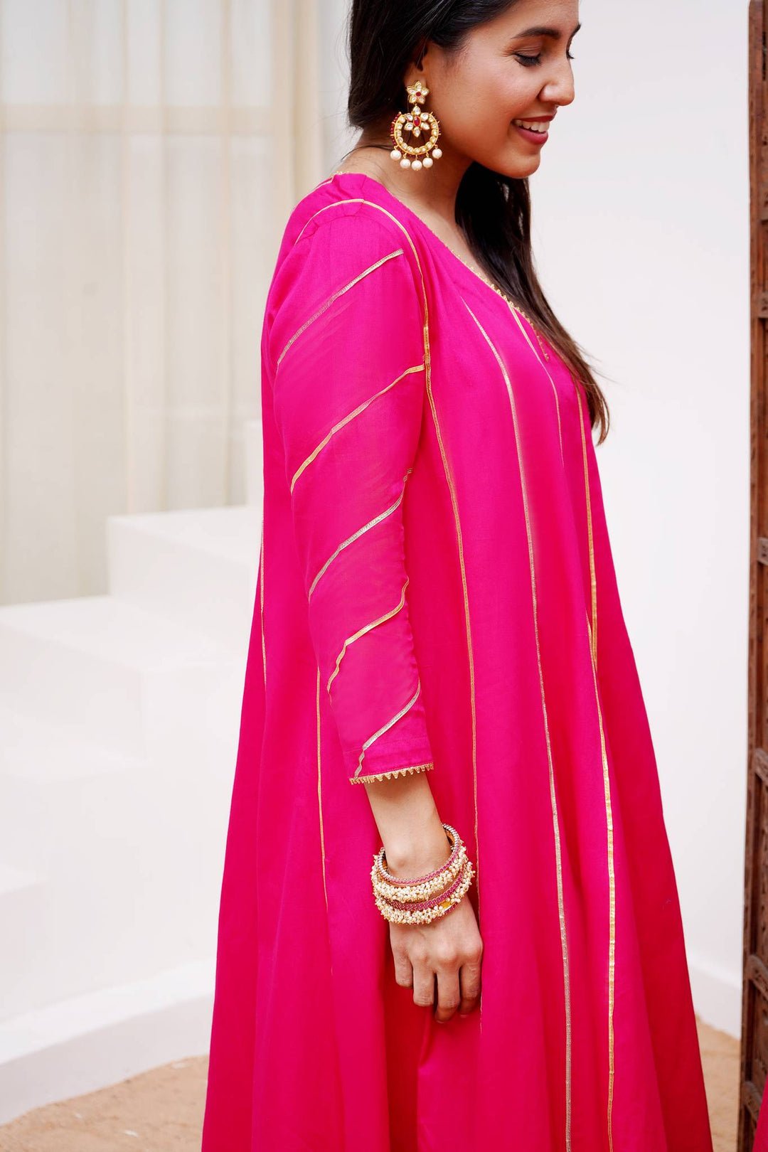 fuchsia rosa anarkali with wide leg pants