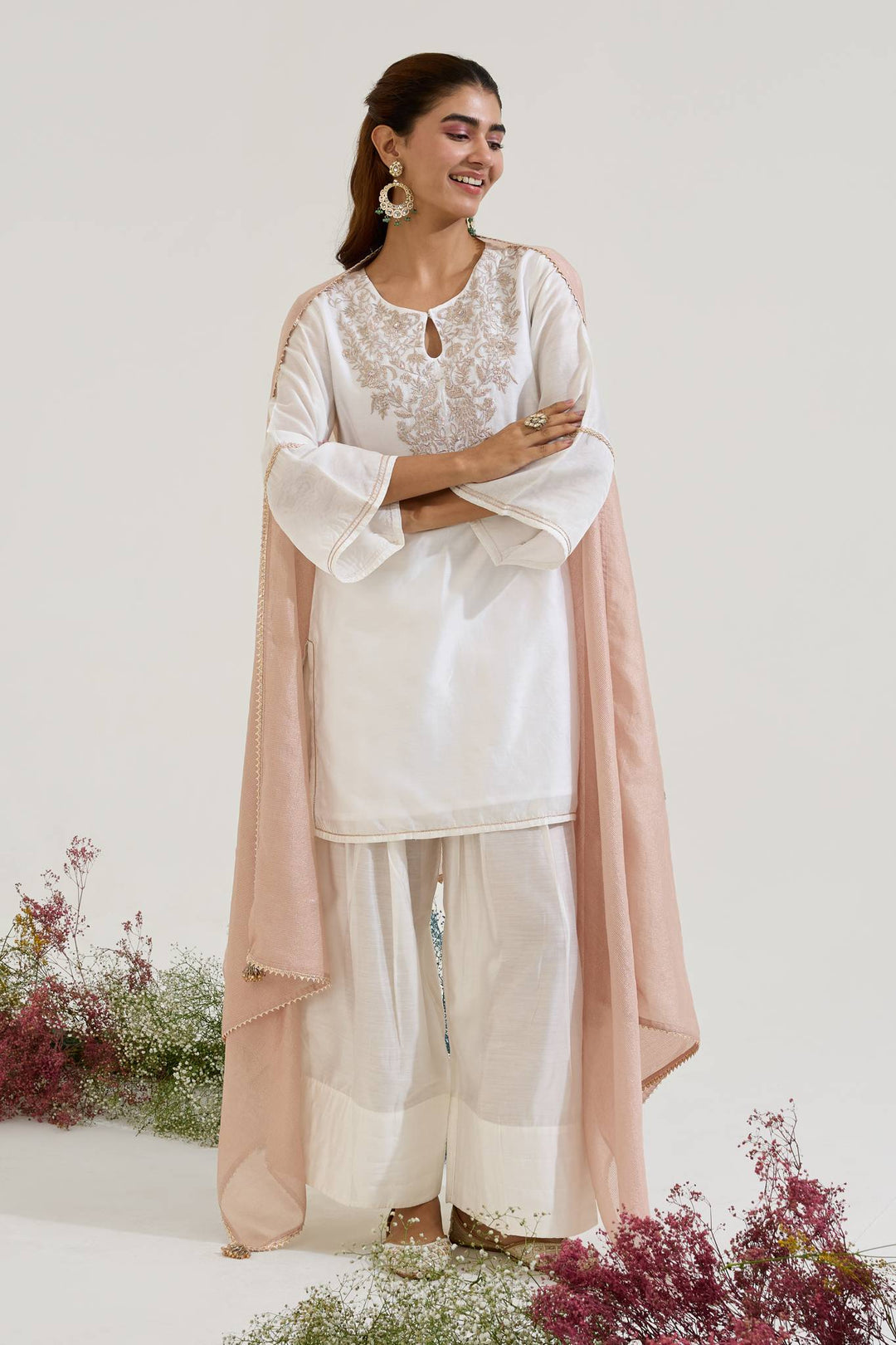 Rosy White Zari Kurta with Farsi Salwar and Dupatta paired with White Pintuck Chanderi Stripe Kurta set