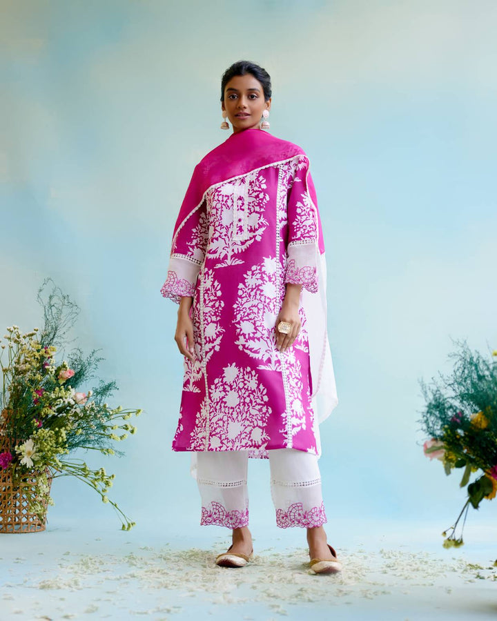 Cranberry Floral Kurta with Narrow Pants