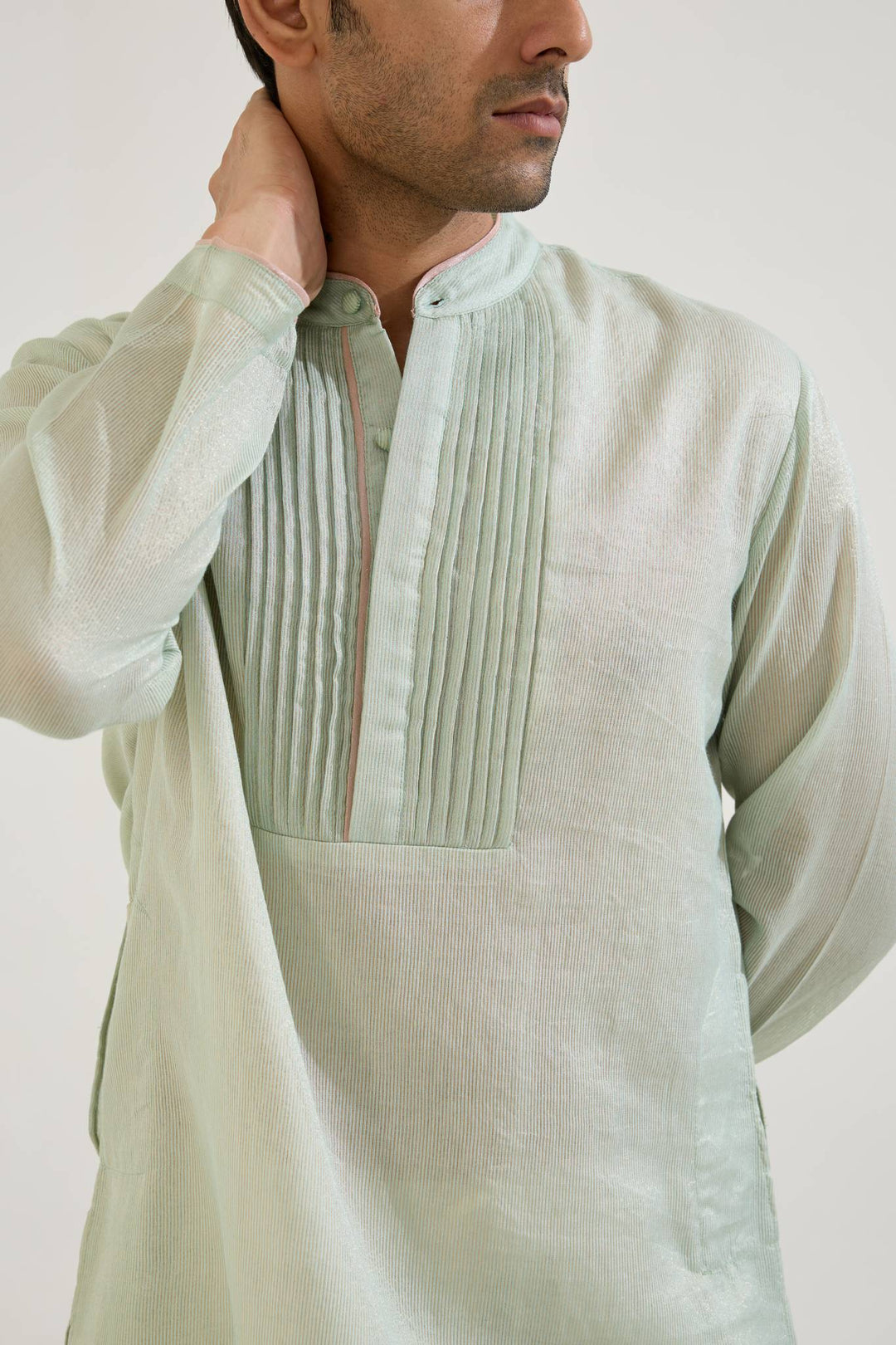 Mint Lotus Applique Tissue Kurta with Narrow Pants paired with Mint Pintuck Chanderi Stripe Kurta set